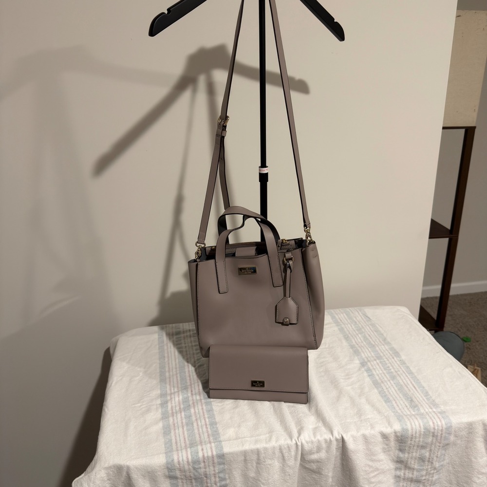Kate Spade New York Taupe Leather Satchel Handbag and Matching Wallet Set